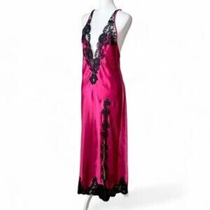 Victoria's Secret 2003 Y2K Vintage Deep Pink Satin Lace plunge maxi slip dress